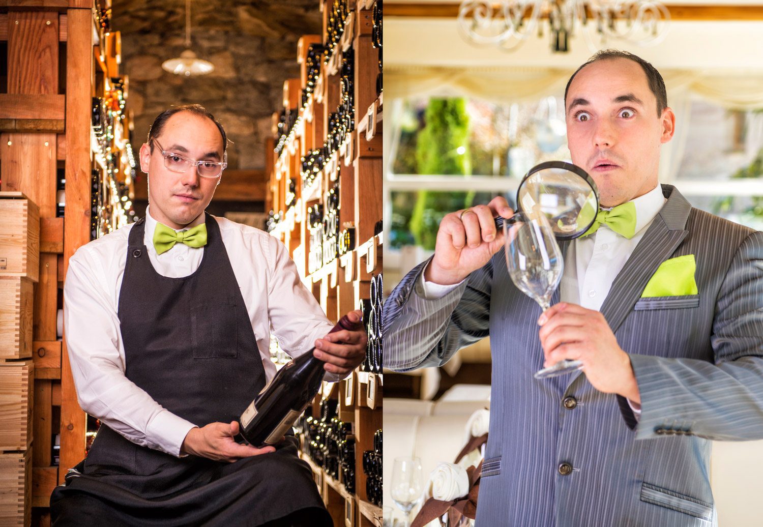 Sommelier, Glas mit Lupe anschauen, Preidlhof, Tourismus, Werbefotografie, Lorenz Masser, Fotograf Land Salzburg