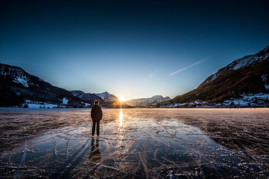 Grundlsee, Salzkammergut, Eislaufen, Sonnenuntergang, Landschaft, Winter, Eislaufen, Reisen, Landschaft, Landscape, Landschaftsfotografie, Lorenz Masser