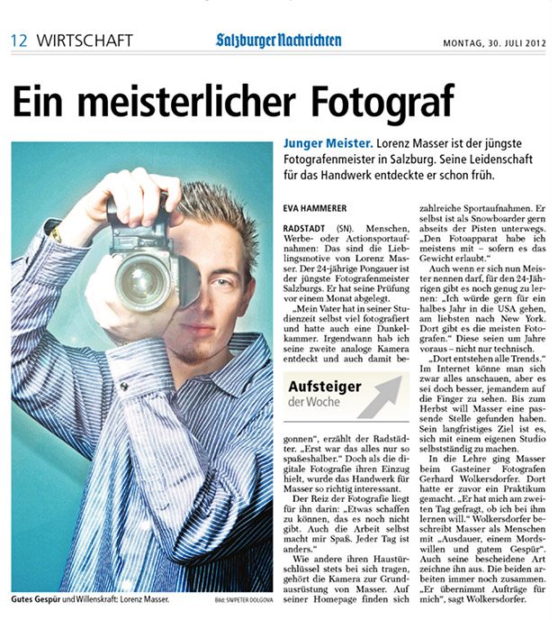 Salzburger Nachrichten, jüngster Meisterfotograf, Zeitungsartikel, Lorenz Masser, Fotograf