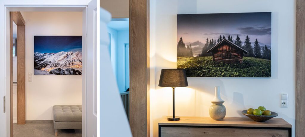 Wandbilder und Interior Design – Atmosphäre schaffen mit Hotelfotografie Schön eingerichtetes Appartement mit stilvollen Wandbildern und harmonischer Beleuchtung – Innenarchitektur- und Hotelfotografie im Salzburger Land.