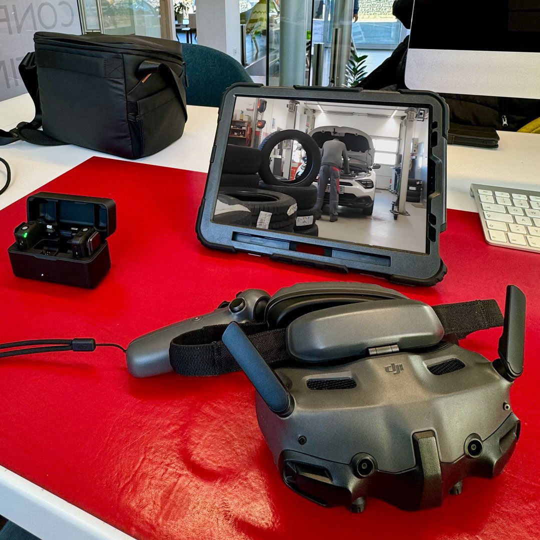 FPV Drohne beim Dreh im Autohaus Gell während eines One-Shot-Flugs durch die Werkstatt.